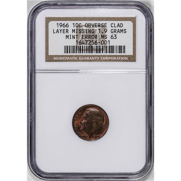 1966 Roosevelt Dime Mint Coin ERROR Obverse Clad Layer Missing 1.9 Grams NGC MS63