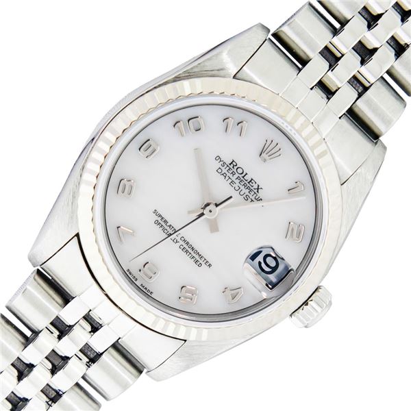 Rolex Ladies Midsize Stainless Steel Mother Of Pearl Arabic Datejust Wristwatch