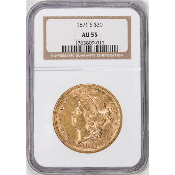 1871-S $20 Liberty Head Double Eagle Gold Coin NGC AU55