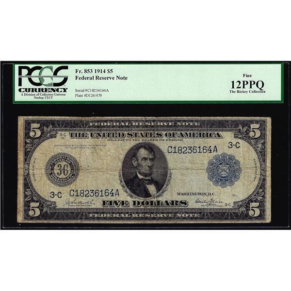 1914 $5 Federal Reserve Note Philadelphia Fr.853 PCGS Fine 12PPQ