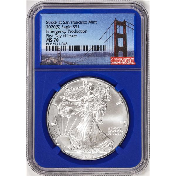 2020(S) $1 American Silver Eagle Coin NGC MS70 FDOI San Francisco Mint Blue Core
