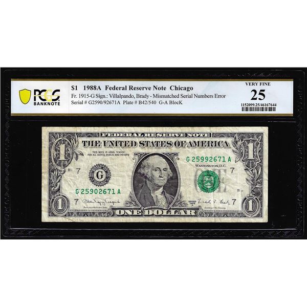 1988A $1 Federal Reserve Note Mismatched Serial Number Error Fr.1915-G PCGS Very Fine 25