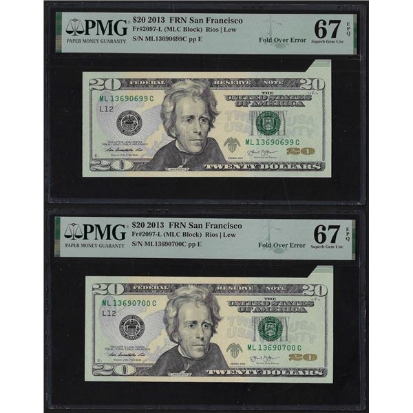 (2) Consecutive 2013 Federal Reserve Fold Over Error Notes PMG Superb Gem Unc 67EPQ