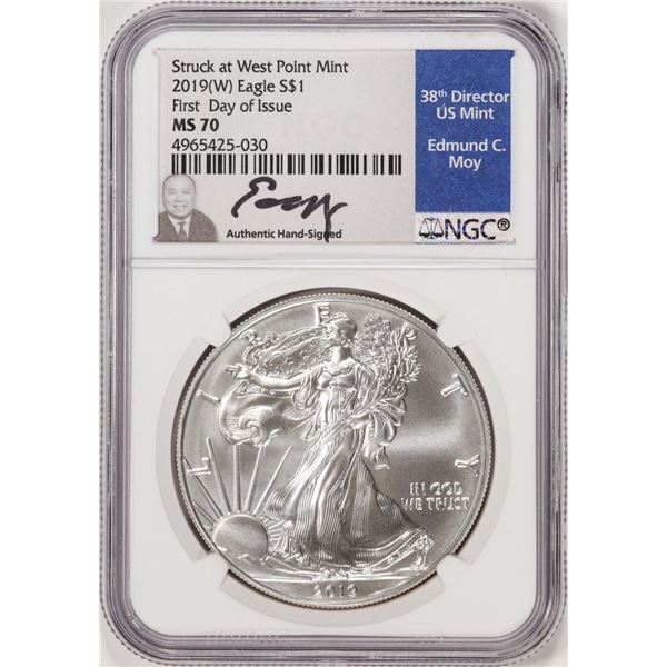 2019(W) $1 American Silver Eagle Coin NGC MS70 FDOI Moy Signature West Point Mint