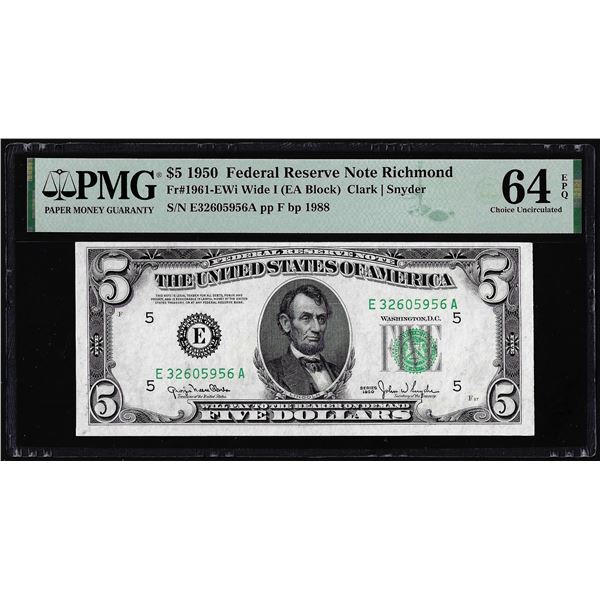 1950 $5 Federal Reserve Note Richmond Fr.1961-E Wide I PMG Choice Uncirculated 64EPQ