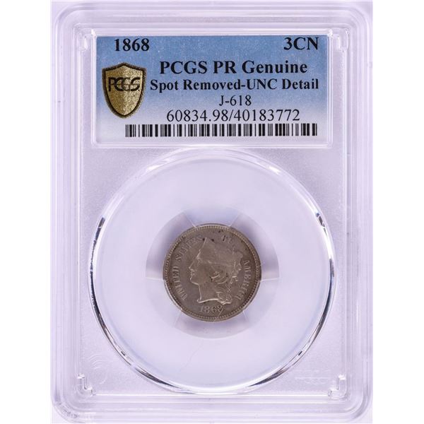 1868 Pattern Proof Three Cent Nickel Coin PCGS PR Genuine Detail