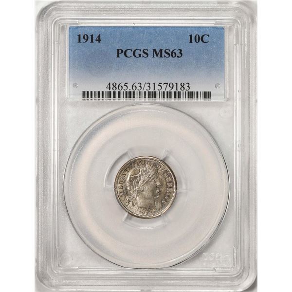 1914 Barber Dime Coin PCGS MS63