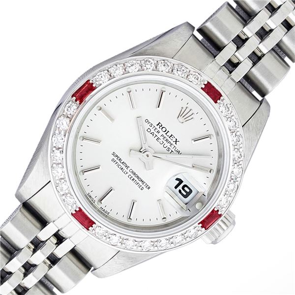 Rolex Ladies Stainless Steel Silver Index Ruby and Diamond Datejust Wristwatch