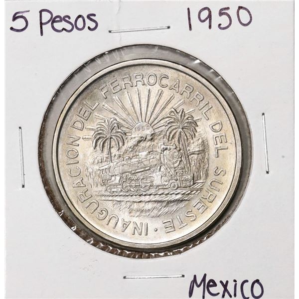 1950 Mexico 5 Pesos Inauguracion Del Ferrocarril Del Sureste Coin