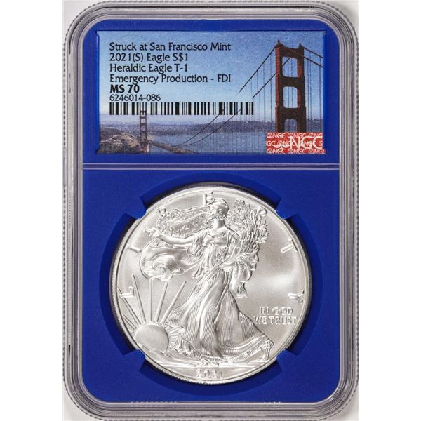 2021(S) Type 1 $1 American Silver Eagle Coin NGC MS70 FDI San Francisco Blue Core