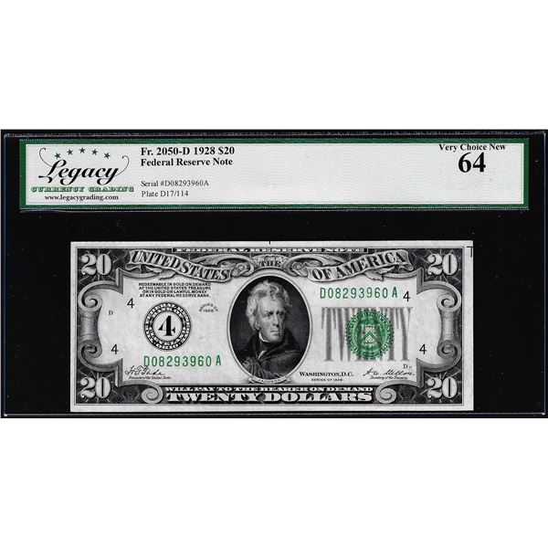 1928 $20 Federal Reserve Note Cleveland Fr.2050-D Legacy Very Choice New 64