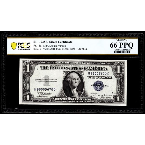 1935B $1 Silver Certificate Note Fr.1611 PCGS Gem Uncirculated 66PPQ