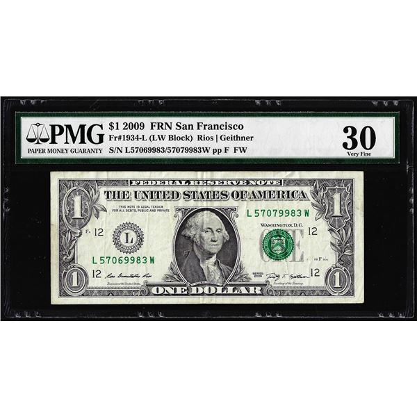 2009 $1 Federal Reserve Note Mismatched Serial Number Error Fr.1934-L PMG Very Fine 30