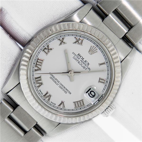 Rolex Ladies Midsize Stainless Steel White Roman Datejust Wristwatch With Box