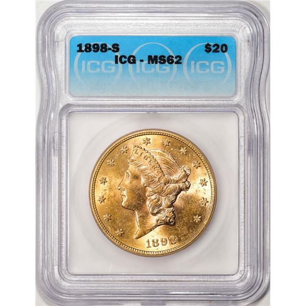 1898-S $20 Liberty Head Double Eagle Gold Coin ICG MS62