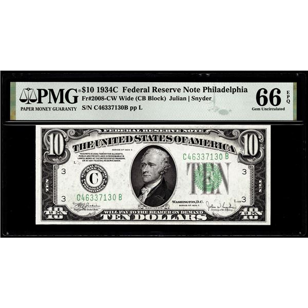 1934C $10 Federal Reserve Note Philadelphia Fr.2008-CW PMG Gem Uncirculated 66EPQ