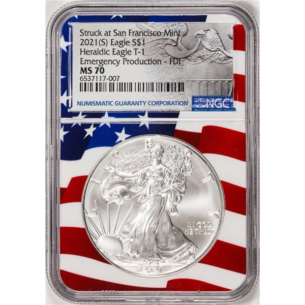 2021(S) Type 1 $1 American Silver Eagle Coin NGC MS70 FDI San Francisco Flag Core