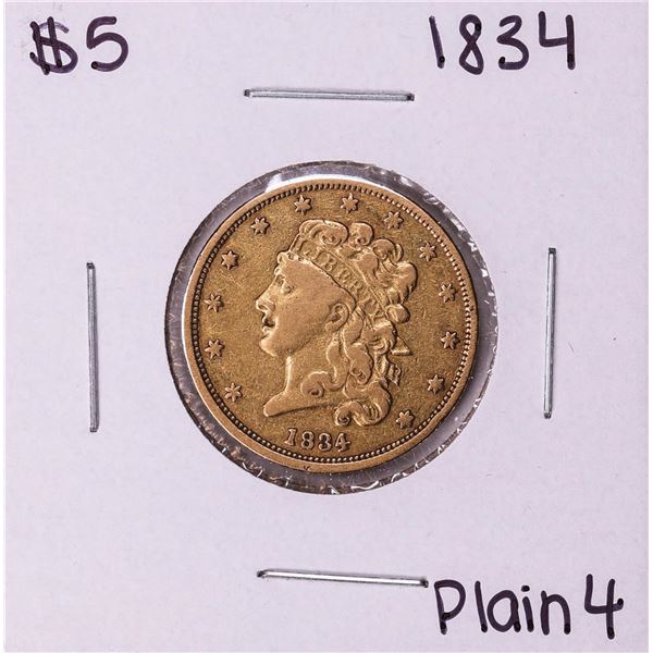 1834 Plain 4 $5 Classic Head Half Eagle Gold Coin