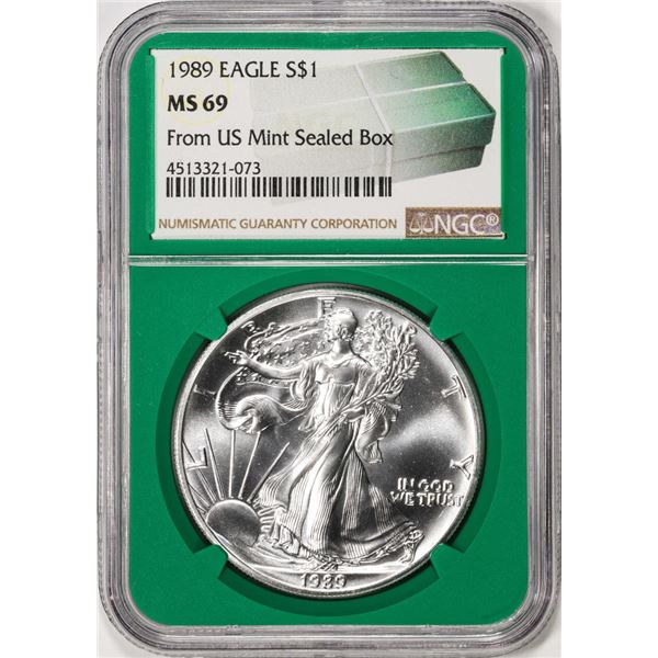 1989 $1 American Silver Eagle Coin NGC MS69 Green Core