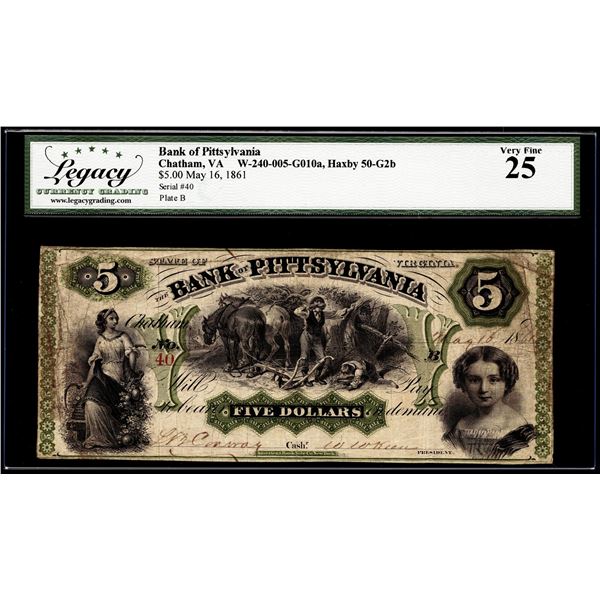 1861 $5 Bank of Pittsylvania Chatham, VA Obsolete Note Legacy Very Fine 25