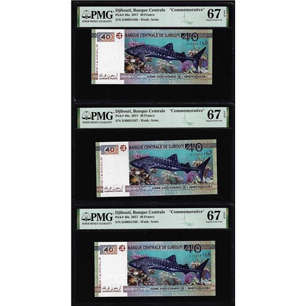 (3) Consecutive 2017 Djibouti 40 Francs Bank Notes PMG Superb Gem Uncirculated 67EPQ