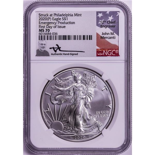 2020(P) Philadelphia $1 American Silver Eagle Coin NGC MS70 Mercanti Signed FDOI