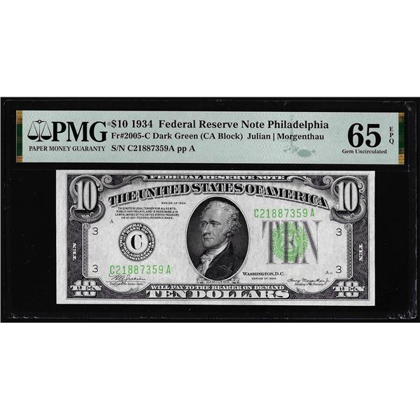 1934 $10 Federal Reserve Note Philadelphia Fr.2005-C PMG Gem Uncirculated 65EPQ