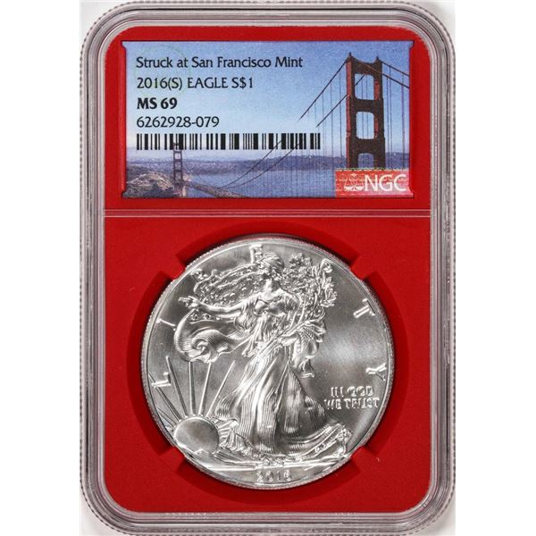 2016-(S) $1 American Silver Eagle Coin NGC MS69 Struck at San Francisco Red Core