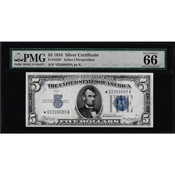 1934 $5 Silver Certificate Star Note Fr.1650* PMG Gem Uncirculated 66EPQ