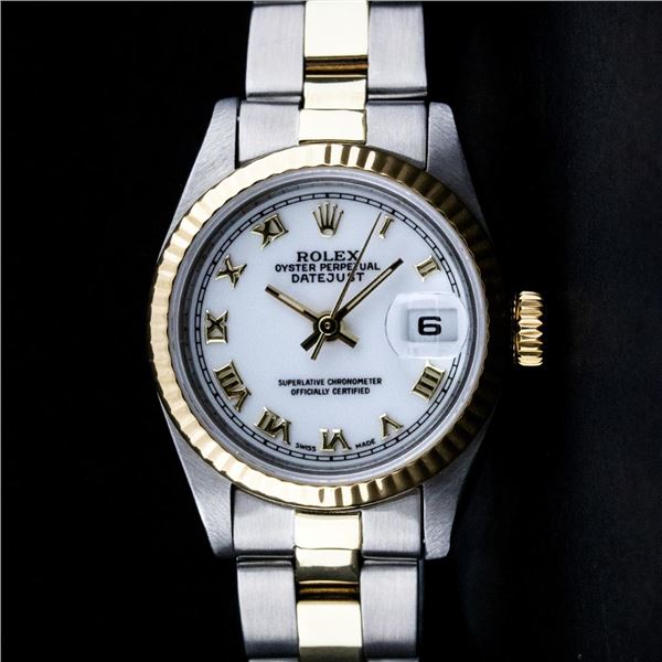 Rolex Ladies Two Tone White Roman Datejust Wristwatch