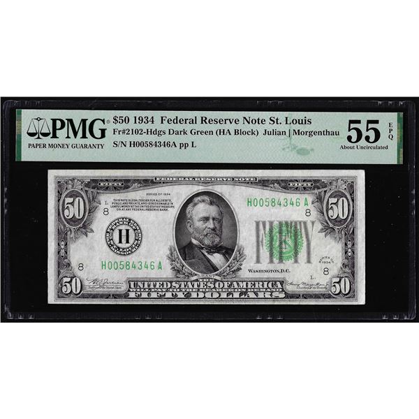 1934 $50 Federal Reserve Note St. Louis Fr.2102-Hdgs PMG About Uncirculated 55EPQ