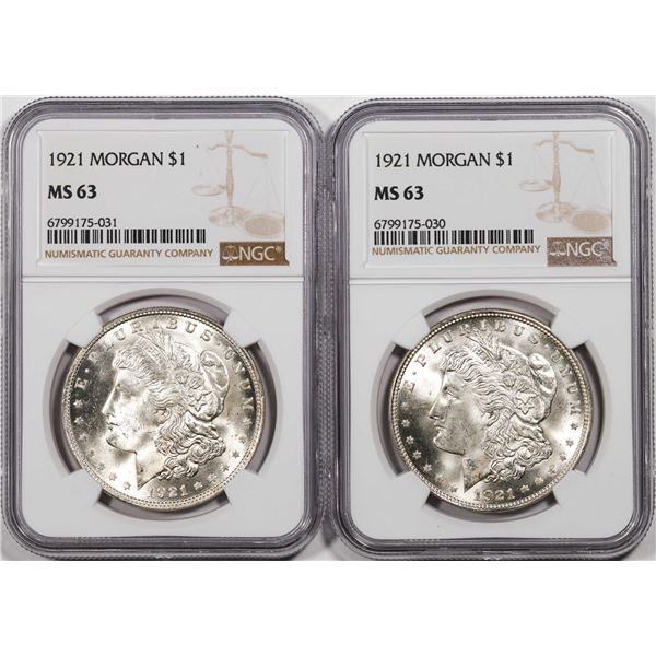 Lot of (2) 1921 $1 Morgan Silver Dollar Coins NGC MS63