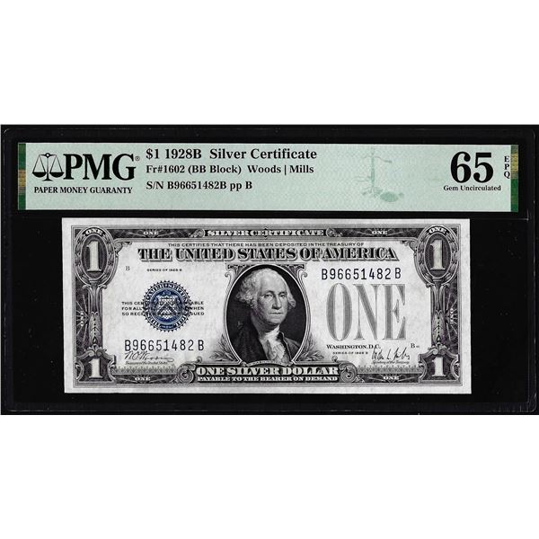 1928B $1 Funnyback Silver Certificate Note Fr.1602 PMG Gem Uncirculated 65EPQ