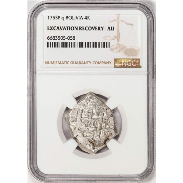 Shipwreck 1753P q Bolivia 4 Reales Silver Coin NGC AU Excavation Recovery