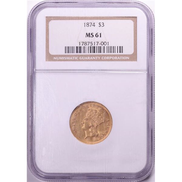 1874 $3 Indian Princess Head Gold Coin NGC MS61