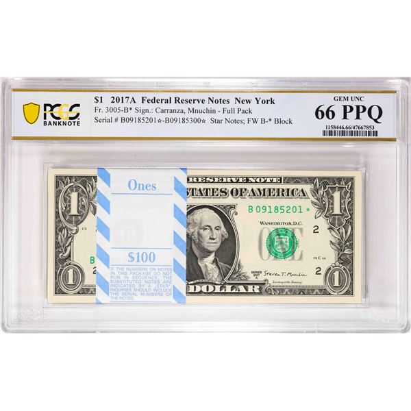 Pack of 2017A $1 Federal Reserve STAR Notes New York Fr.3005-B* PCGS Gem Unc 66PPQ