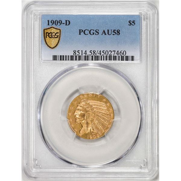 1909-D $5 Indian Head Gold Coin PCGS AU58