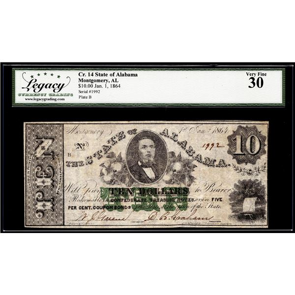 1864 $10 State of Alabama Montgomery, AL Obsolete Note Cr.14 Legacy Very Fine 30