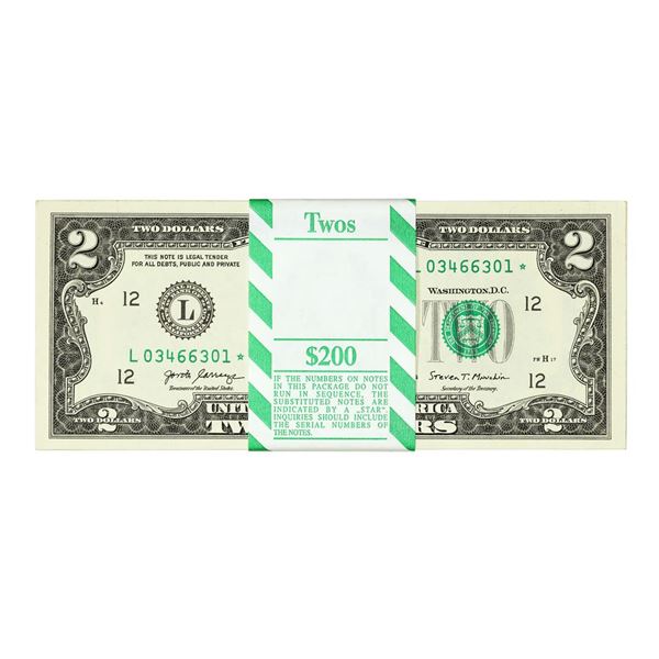 Pack of (100) Consecutive 2017A $2 Federal Reserve Star Notes San Francisco