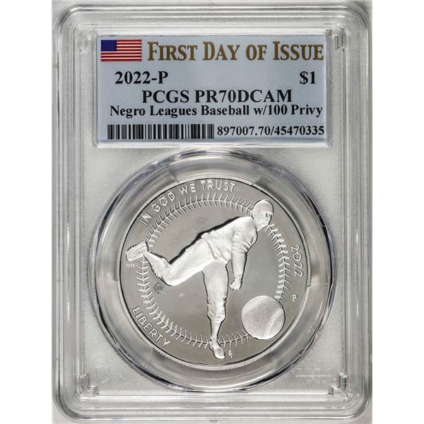 2022-P $1 Proof Negro Leagues Baseball Silver Dollar Coin PCGS PR70DCAM FDOI