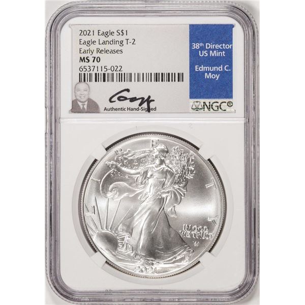 2021 Type 2 $1 American Silver Eagle Coin NGC MS70 Early Releases Edmund Moy Signed