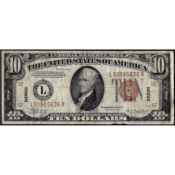 1934A $10 Hawaii WWII Emergency Issue Federal Reserve Note