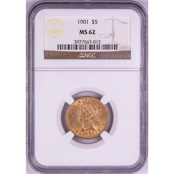 1901 $5 Liberty Head Half Eagle Gold Coin NGC MS62