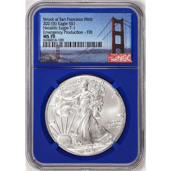 2021(S) Type 1 $1 American Silver Eagle Coin NGC MS70 FDI San Francisco Blue Core