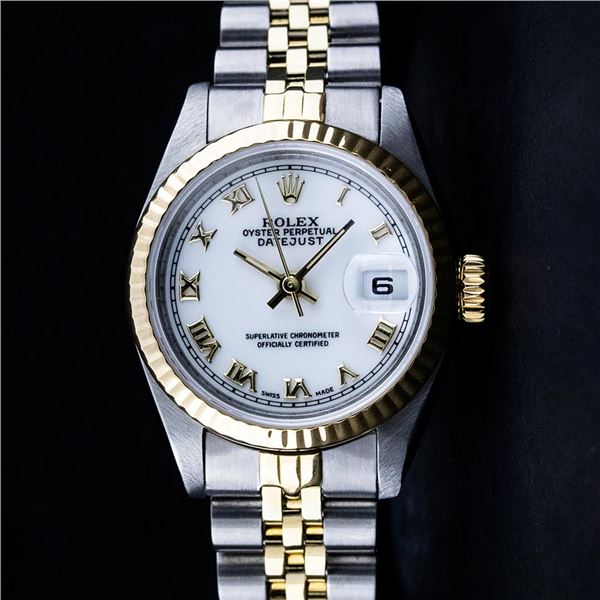 Rolex Ladies Two Tone White Roman Datejust Wristwatch