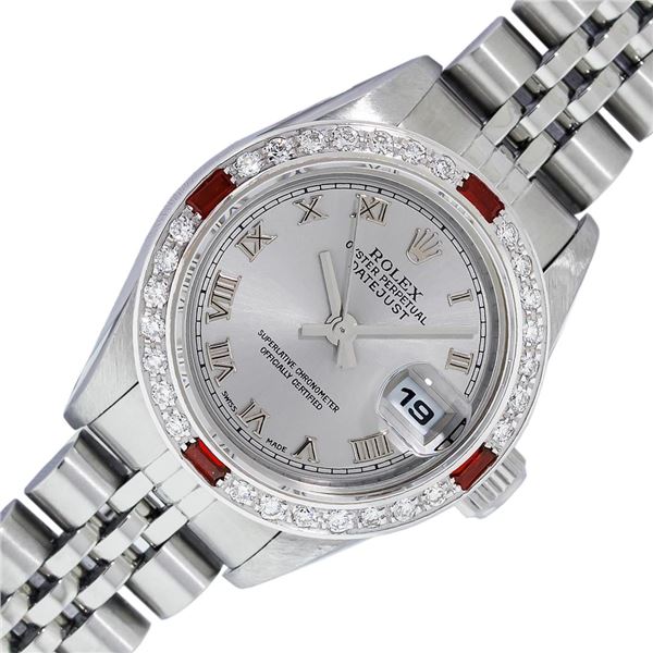 Rolex Ladies Stainless Steel Gray Roman Ruby and Diamond Datejust Wristwatch