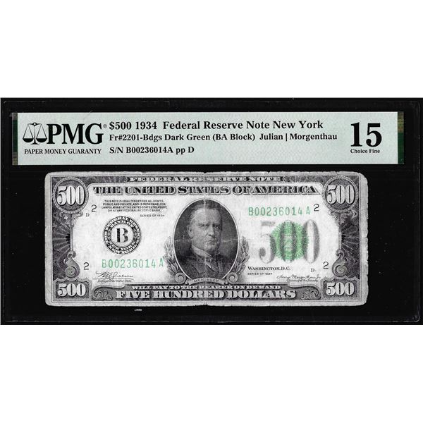 1934 $500 Federal Reserve Note New York Fr.2201-B PMG Choice Fine 15