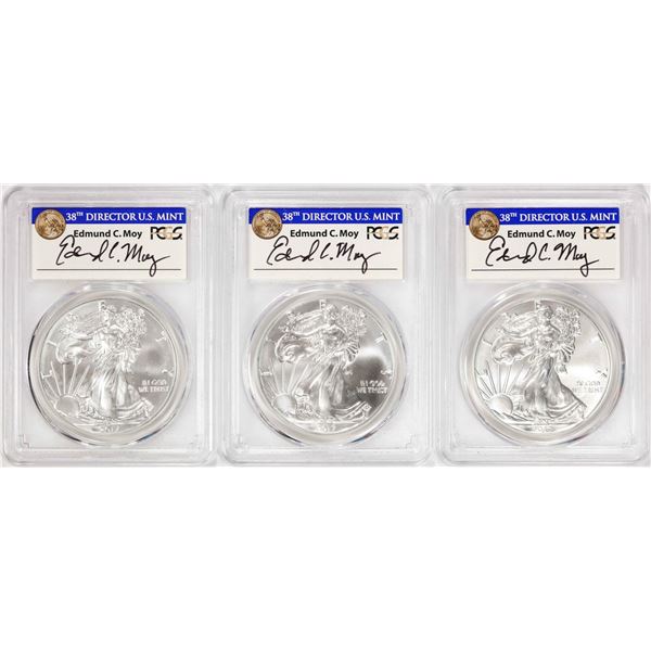 Lot of (3) 2017 $1 American Silver Eagle Coins PCGS MS70 Edmund Moy Signature FS