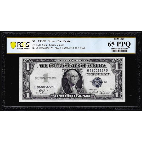 1935B $1 Silver Certificate Note Fr.1611 PMG Gem Uncirculated 65EPQ