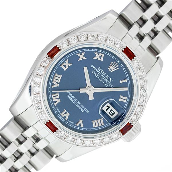 Rolex Ladies Stainless Steel Blue Roman Ruby and Diamond Datejust Wristwatch